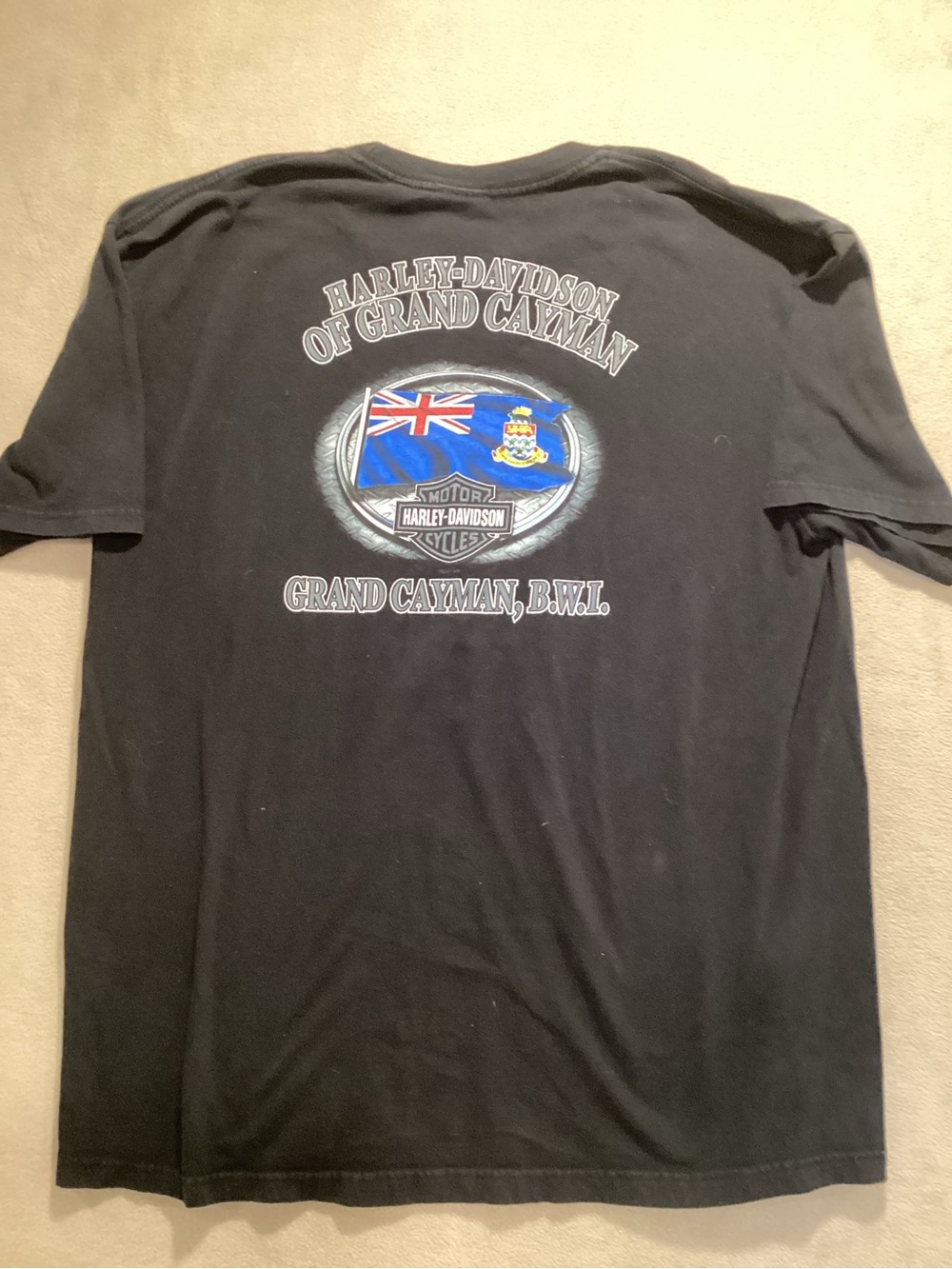 Harley-Davidson Black Tee with Blue Cayman Flag Back Graphic